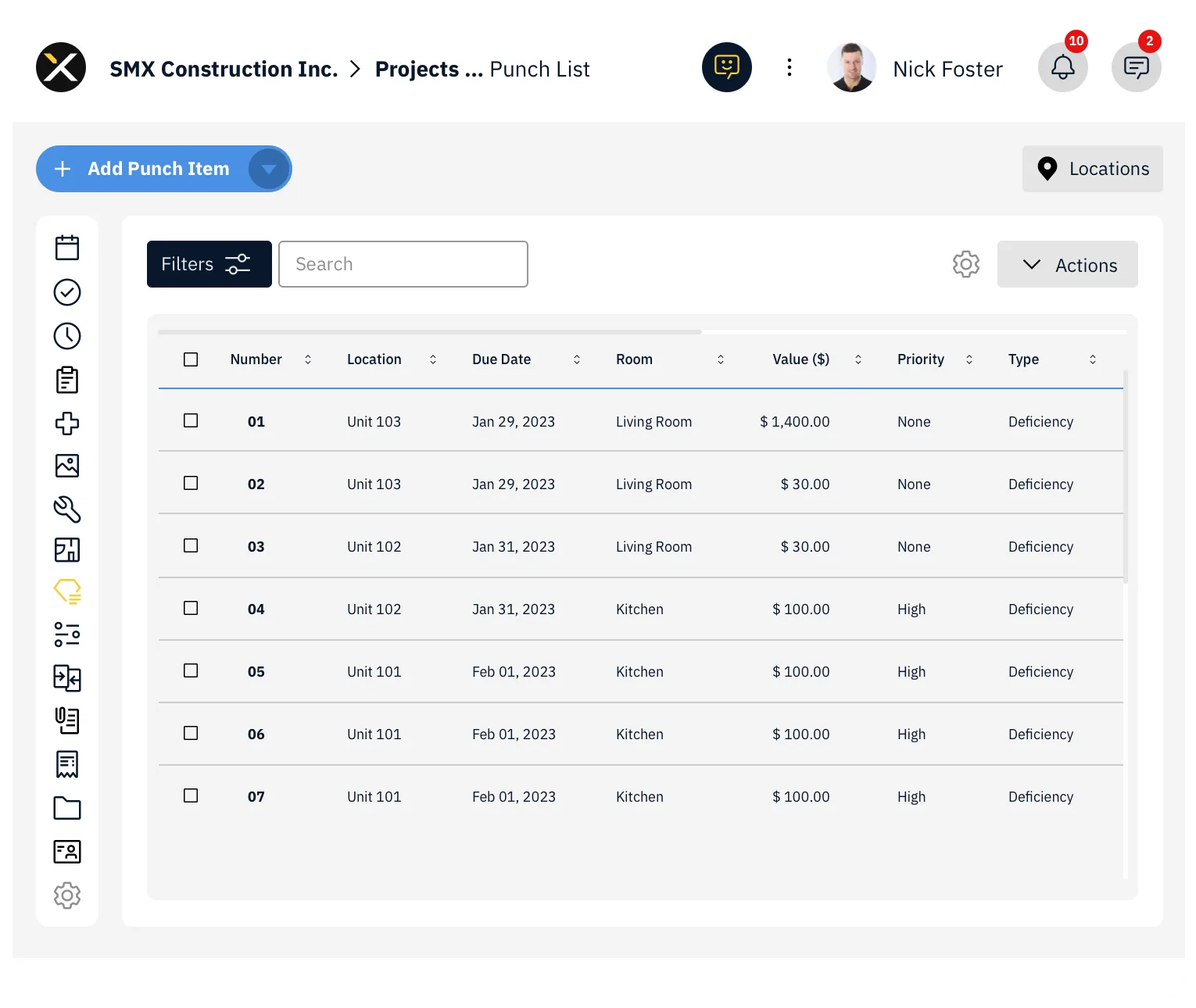 SiteMax Punch List Dashboard