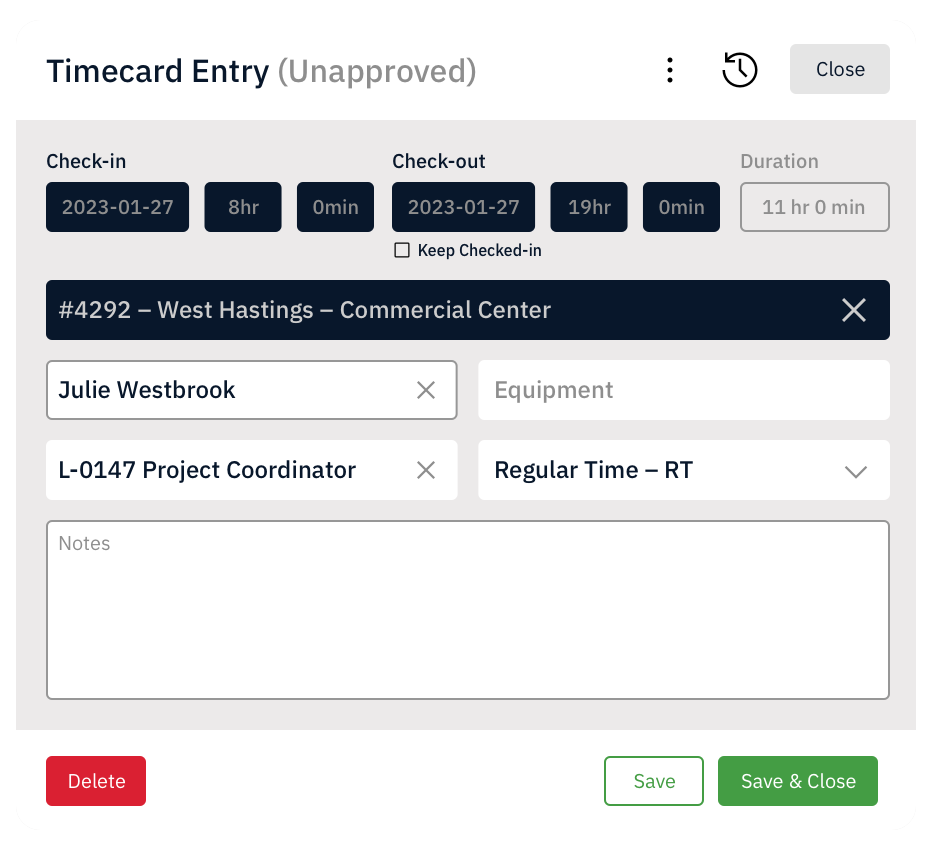 SiteMax Timecard entry detail