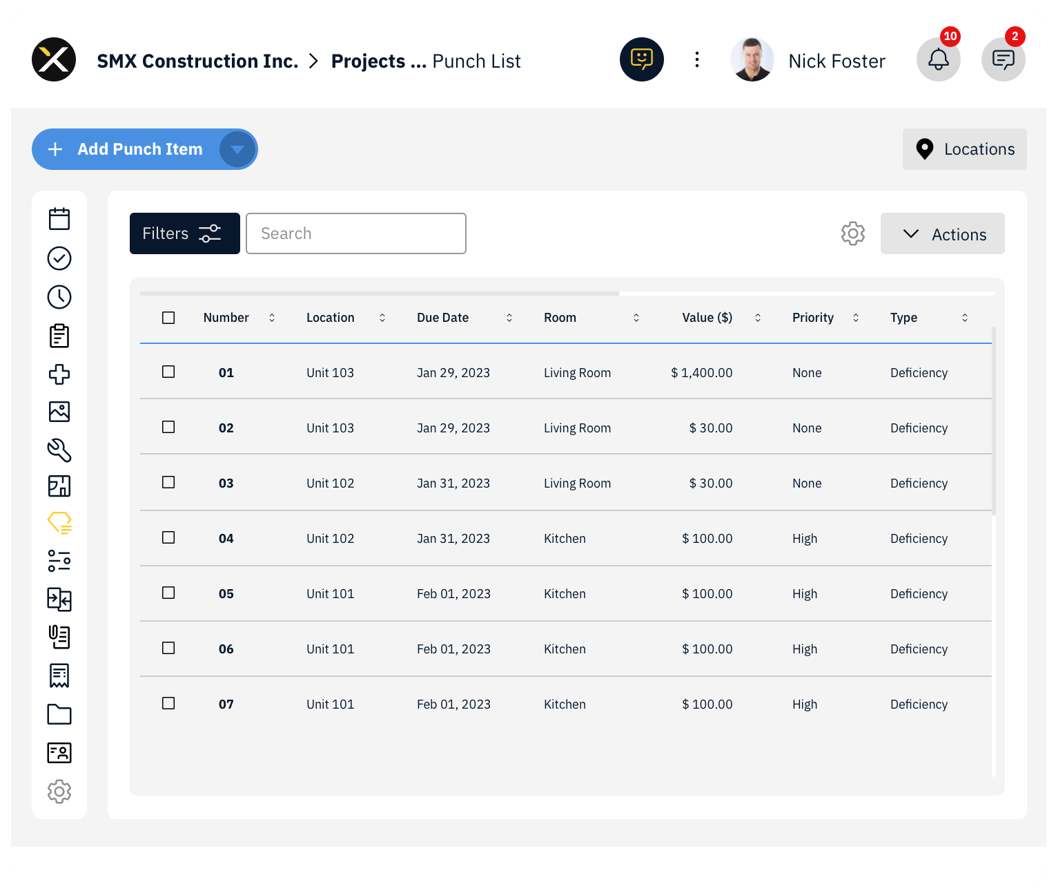 Punch Lists Dashboard